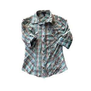 F.A.N.G Kids Plaid Button Down Shirt | Size Medium | Y2K Style Half Sleeve
